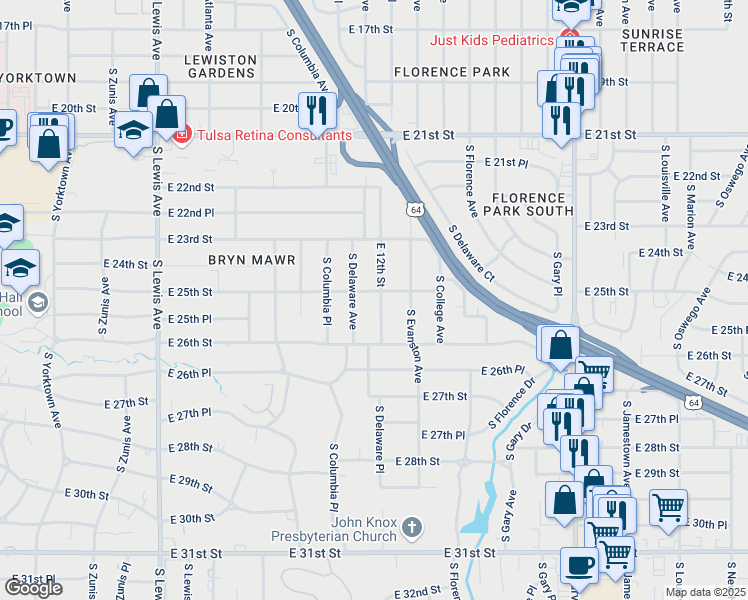 map of restaurants, bars, coffee shops, grocery stores, and more near 2824 East 25th Street in Tulsa