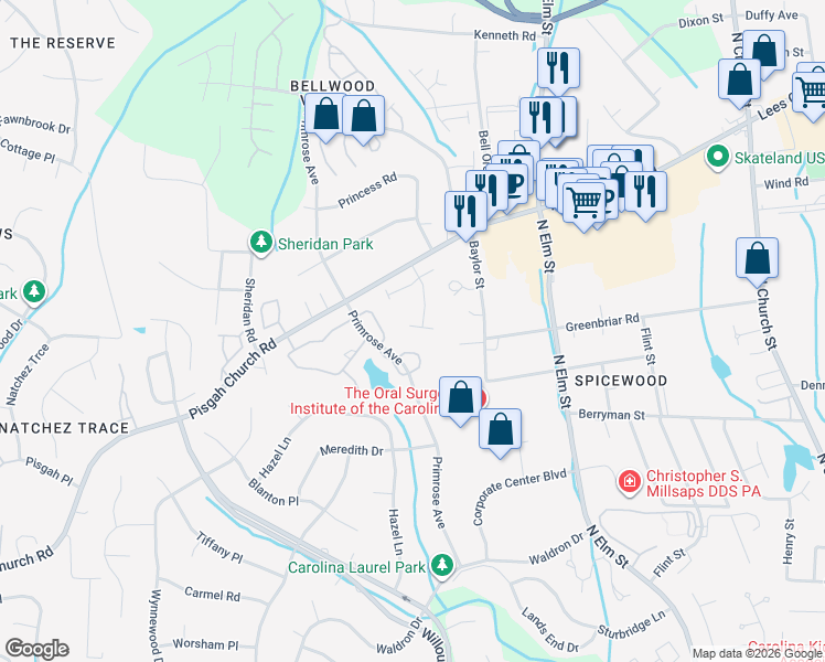 map of restaurants, bars, coffee shops, grocery stores, and more near 2 Finley Ridge Way in Greensboro