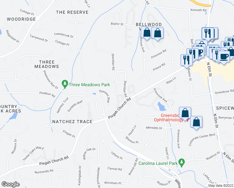 map of restaurants, bars, coffee shops, grocery stores, and more near 22 Dunlevy Way in Greensboro