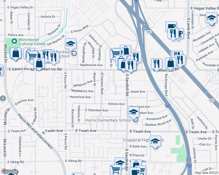 map of restaurants, bars, coffee shops, grocery stores, and more near 3412 Townhouse Drive in Las Vegas
