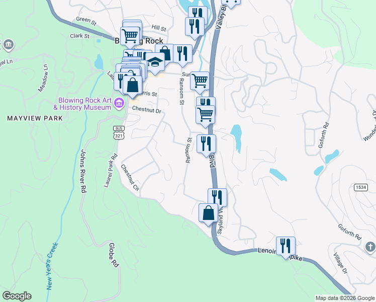 map of restaurants, bars, coffee shops, grocery stores, and more near 613 Ransom Street in Blowing Rock
