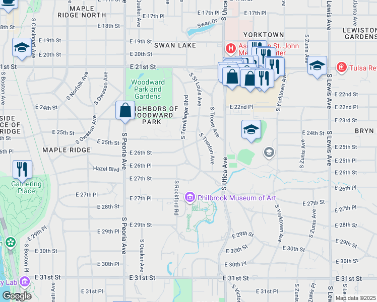 map of restaurants, bars, coffee shops, grocery stores, and more near 2613 South Terwilleger Boulevard in Tulsa