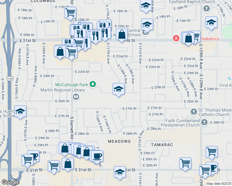 map of restaurants, bars, coffee shops, grocery stores, and more near 11702 East 25th Street in Tulsa