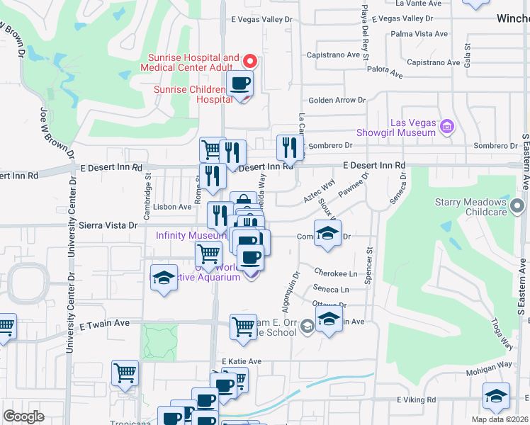 map of restaurants, bars, coffee shops, grocery stores, and more near 1409 Aztec Way in Las Vegas