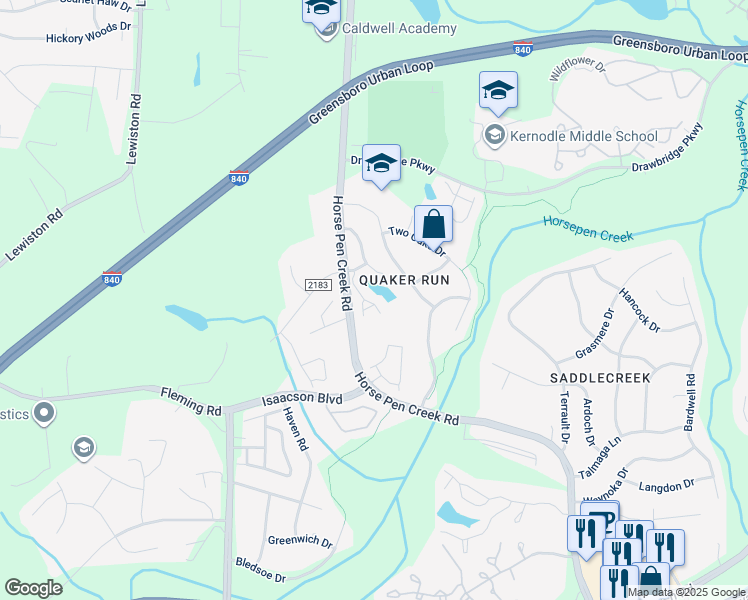 map of restaurants, bars, coffee shops, grocery stores, and more near 16 Tanner Woods Lane in Greensboro