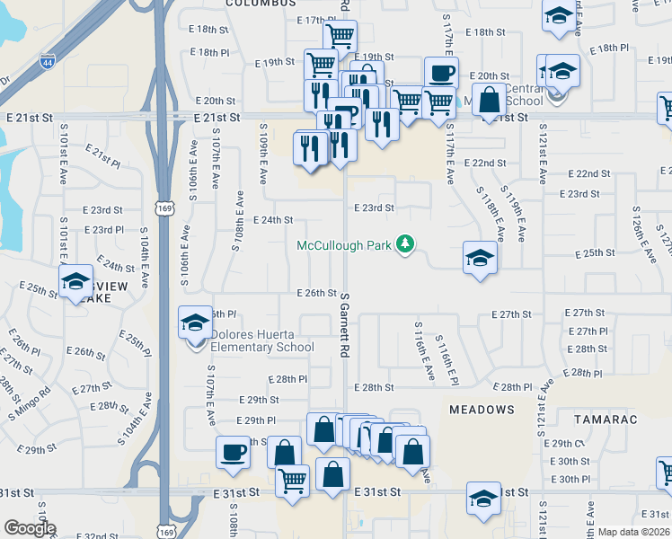 map of restaurants, bars, coffee shops, grocery stores, and more near 2531 South 112th East Avenue in Tulsa