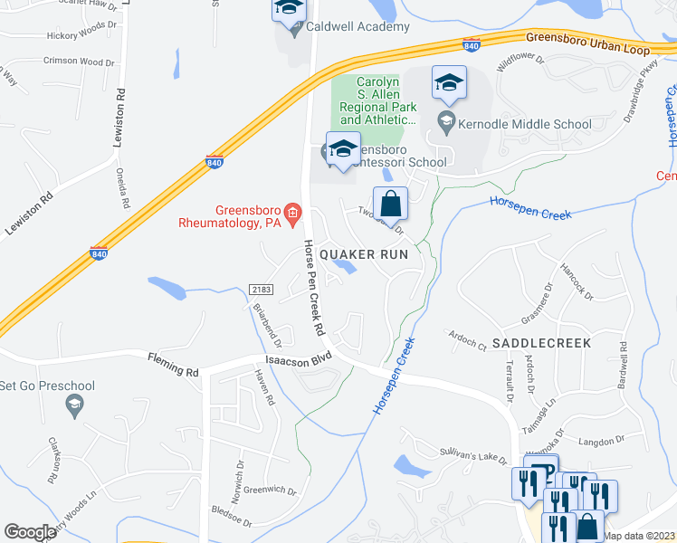 map of restaurants, bars, coffee shops, grocery stores, and more near 14 Tanner Woods Lane in Greensboro