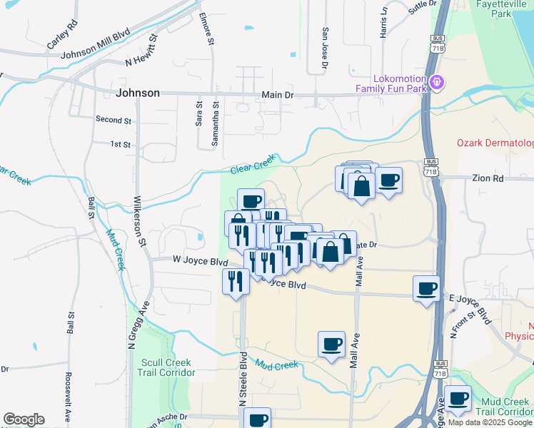 map of restaurants, bars, coffee shops, grocery stores, and more near 4209 Northeast Meadow Creek Circle in Fayetteville
