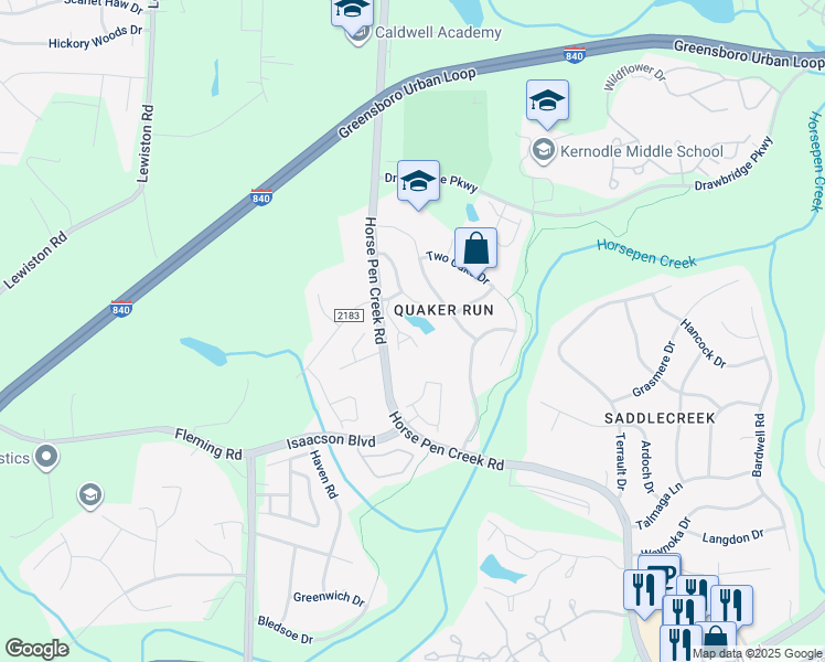 map of restaurants, bars, coffee shops, grocery stores, and more near 14 Tanner Woods Lane in Greensboro