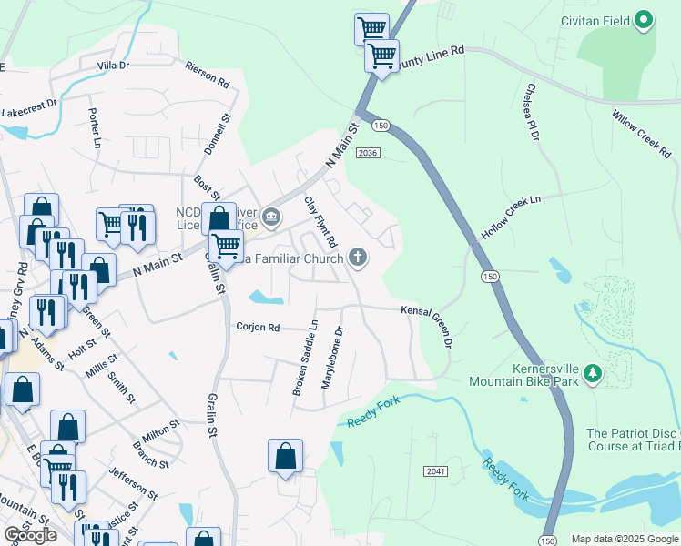 map of restaurants, bars, coffee shops, grocery stores, and more near 302 Chestnut Chase Trail in Kernersville