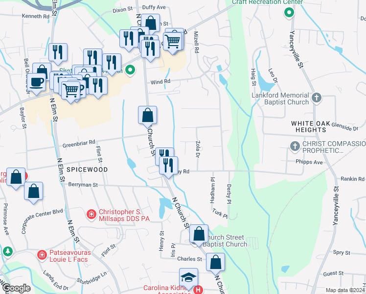 map of restaurants, bars, coffee shops, grocery stores, and more near 2613 Nana Lane in Greensboro