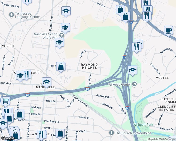 map of restaurants, bars, coffee shops, grocery stores, and more near 88 Lyle Lane in Nashville