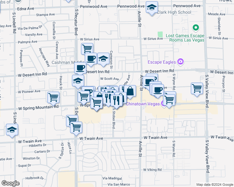 map of restaurants, bars, coffee shops, grocery stores, and more near 3410 South Myrtle Avenue in Las Vegas