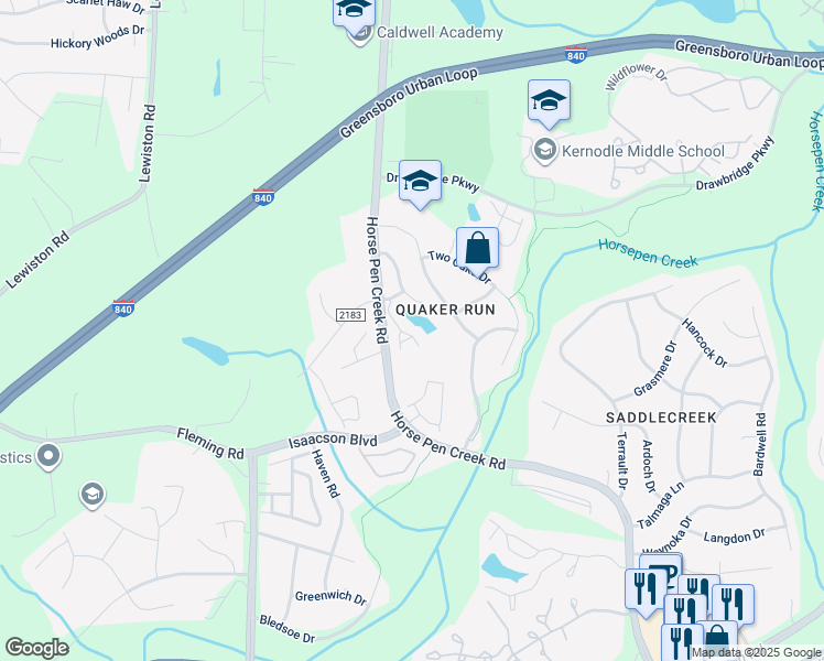map of restaurants, bars, coffee shops, grocery stores, and more near 16 Tanner Woods Lane in Greensboro