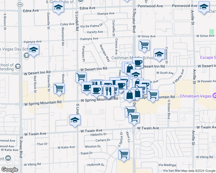 map of restaurants, bars, coffee shops, grocery stores, and more near 5191 West Pioneer Avenue in Las Vegas