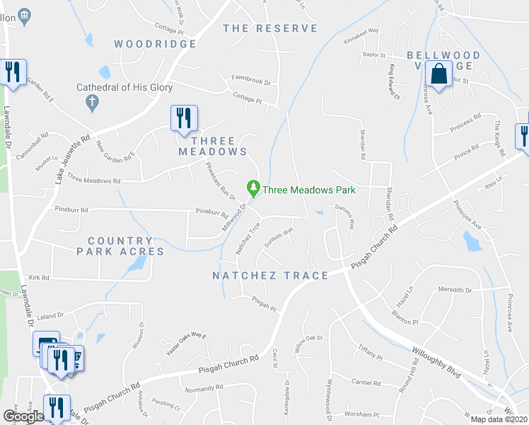 map of restaurants, bars, coffee shops, grocery stores, and more near 1714 Natchez Trce in Greensboro