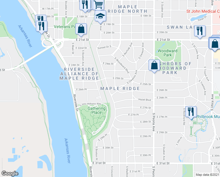 map of restaurants, bars, coffee shops, grocery stores, and more near 2539 South Cincinnati Avenue in Tulsa