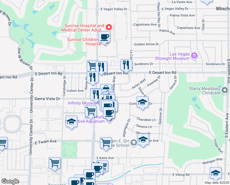 map of restaurants, bars, coffee shops, grocery stores, and more near 1409 Aztec Way in Las Vegas