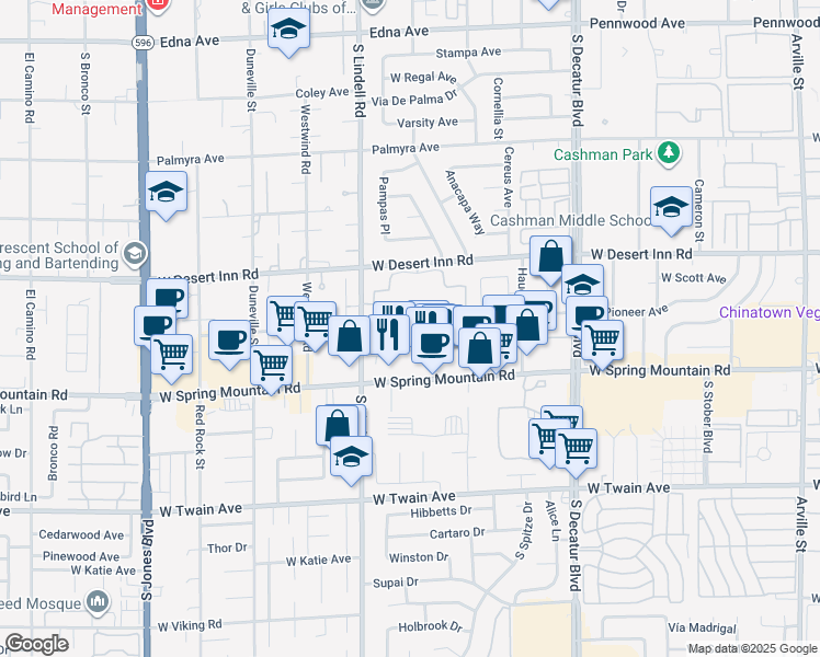 map of restaurants, bars, coffee shops, grocery stores, and more near 5381 West Pioneer Avenue in Las Vegas