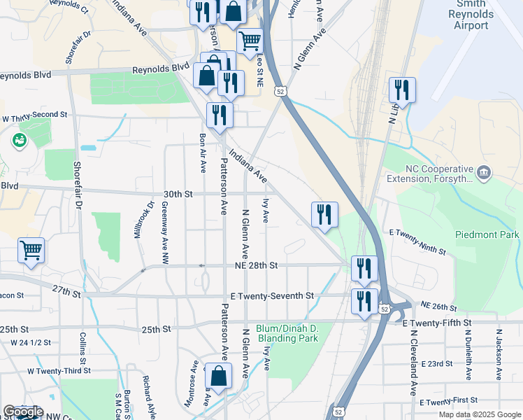 map of restaurants, bars, coffee shops, grocery stores, and more near 2918 Ivy Avenue in Winston-Salem