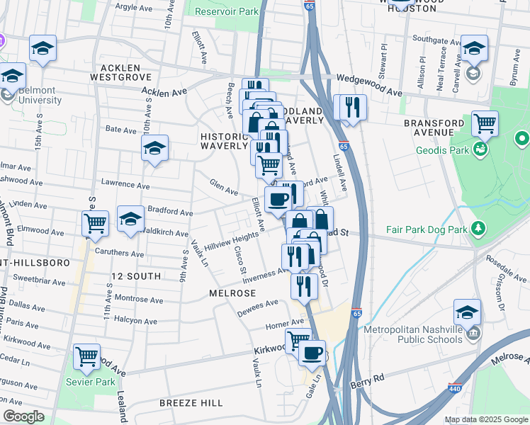 map of restaurants, bars, coffee shops, grocery stores, and more near 2309a Franklin Pike in Nashville