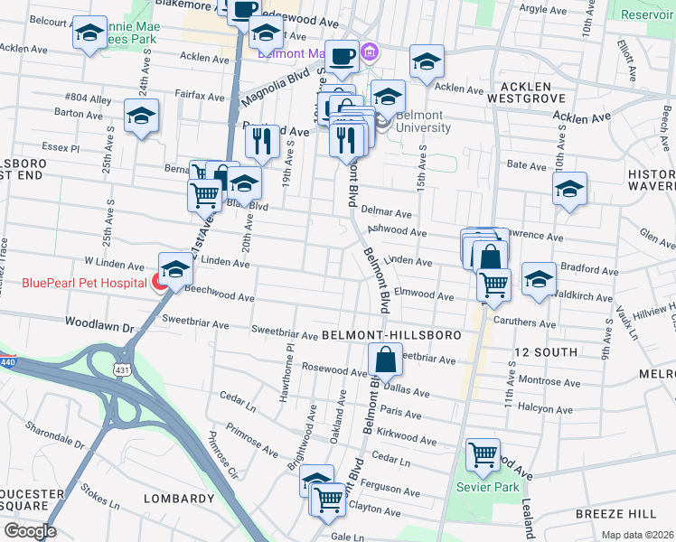 map of restaurants, bars, coffee shops, grocery stores, and more near 1710 Linden Avenue in Nashville