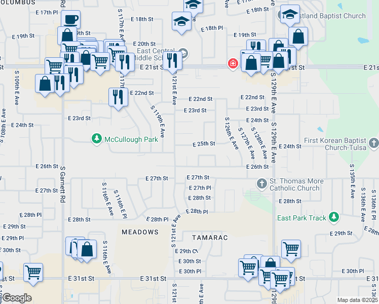 map of restaurants, bars, coffee shops, grocery stores, and more near 2504 South 122nd East Avenue in Tulsa