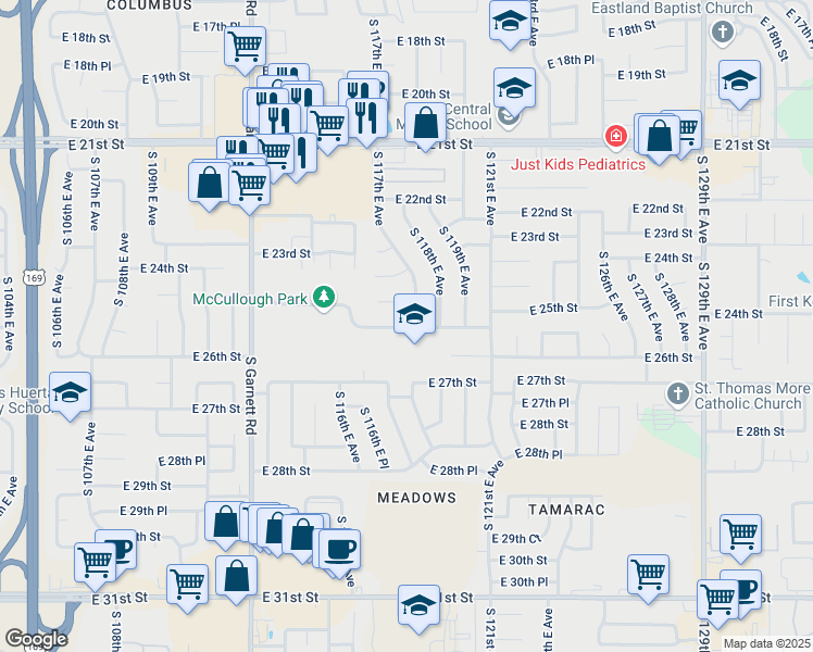 map of restaurants, bars, coffee shops, grocery stores, and more near 11629 East 25th Street in Tulsa
