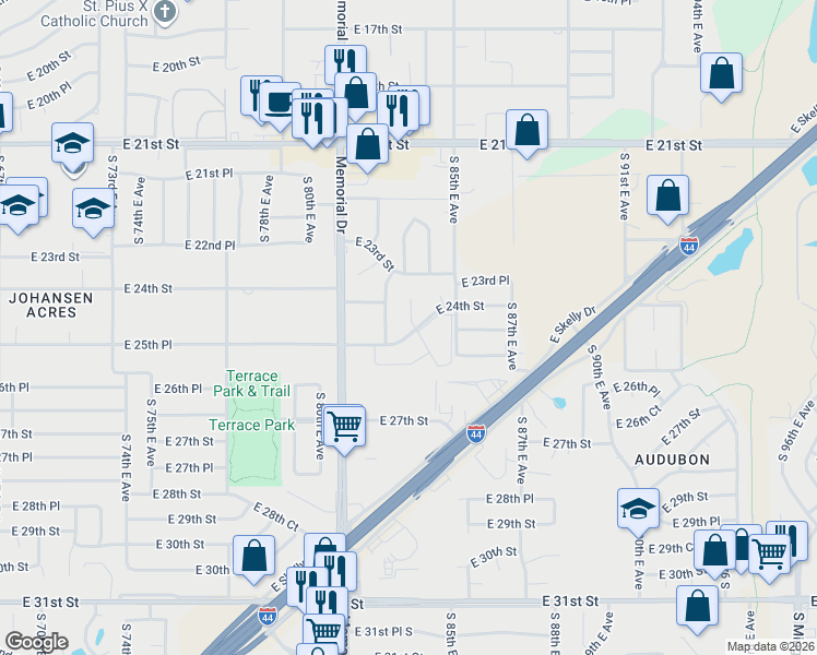 map of restaurants, bars, coffee shops, grocery stores, and more near 2425 South 83rd East Avenue in Tulsa