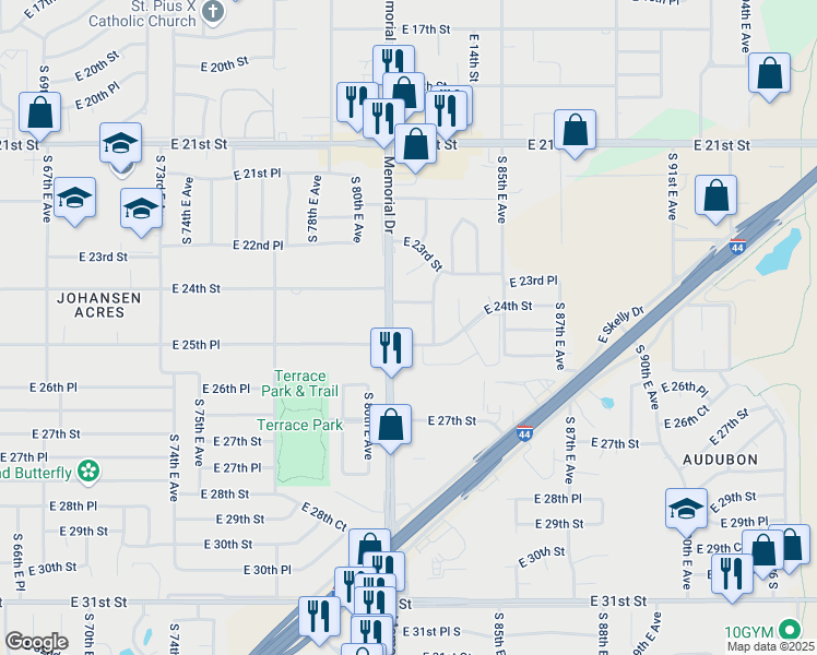 map of restaurants, bars, coffee shops, grocery stores, and more near 2425 South Memorial Drive in Tulsa