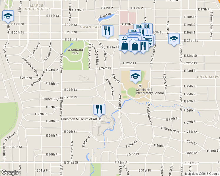 map of restaurants, bars, coffee shops, grocery stores, and more near 2630 South Trenton Avenue in Tulsa