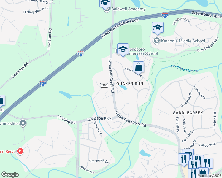 map of restaurants, bars, coffee shops, grocery stores, and more near 3510 Briaroak Court in Greensboro