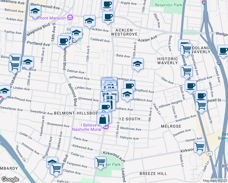 map of restaurants, bars, coffee shops, grocery stores, and more near 2220 12th Ave S in Nashville