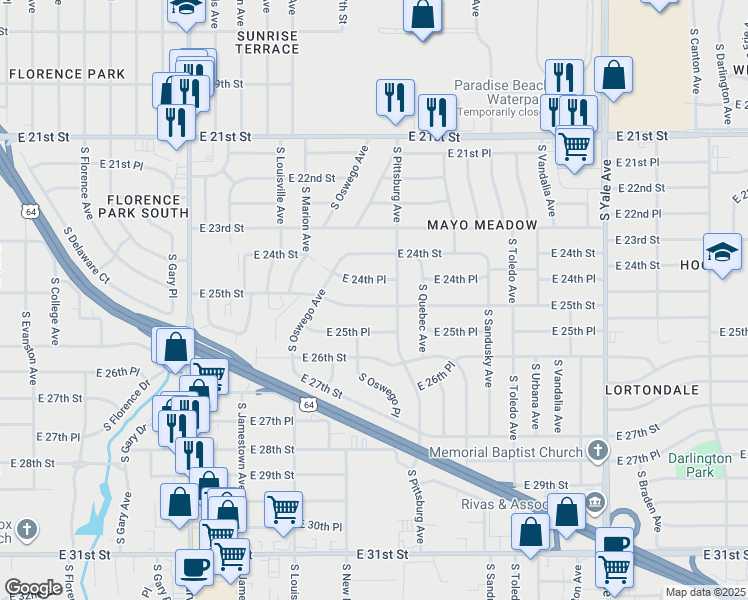 map of restaurants, bars, coffee shops, grocery stores, and more near 4057 East 25th Street in Tulsa