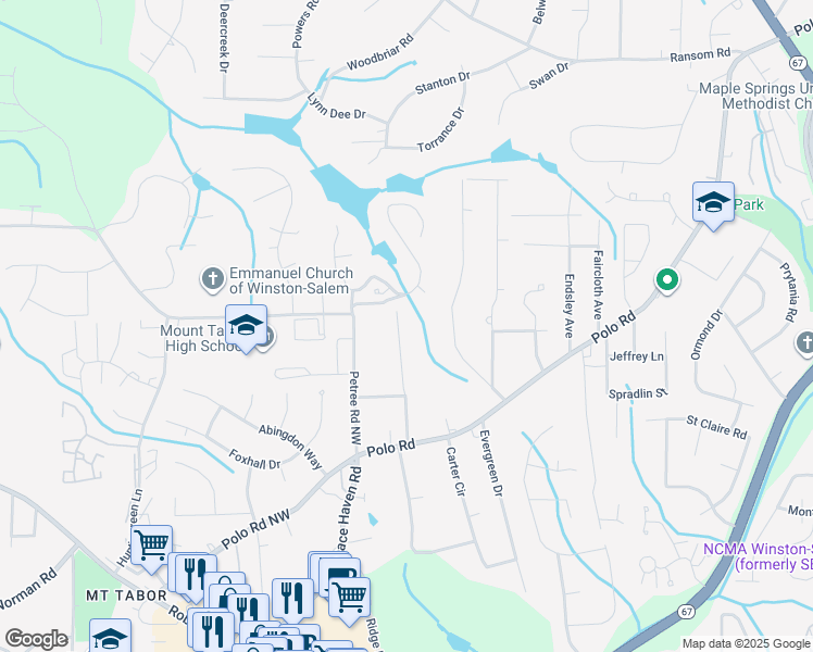 map of restaurants, bars, coffee shops, grocery stores, and more near 1287 Millerwood Drive in Winston-Salem