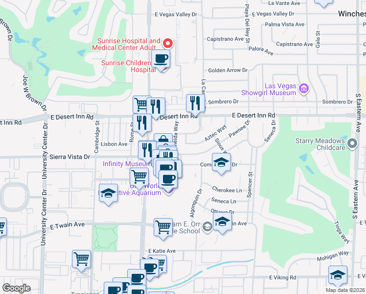 map of restaurants, bars, coffee shops, grocery stores, and more near 1409 Aztec Way in Las Vegas