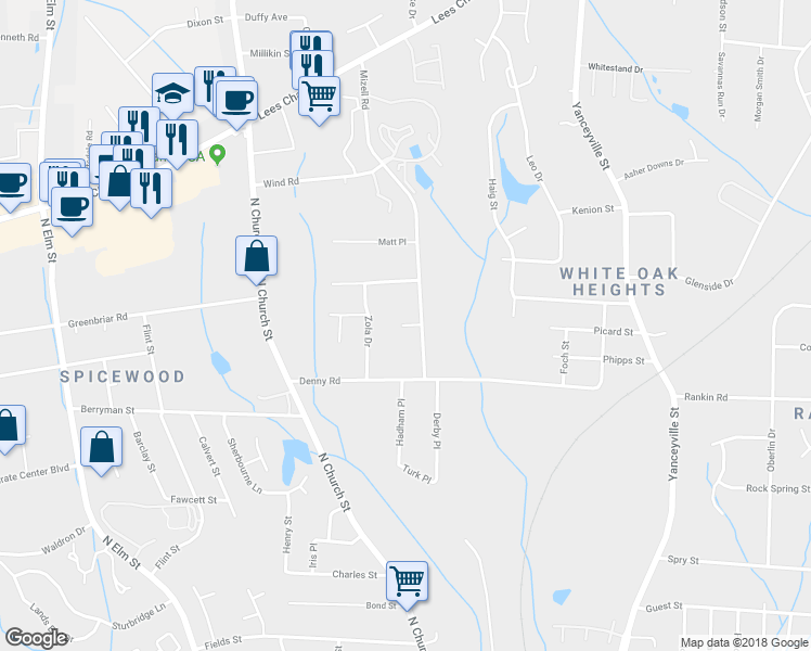 map of restaurants, bars, coffee shops, grocery stores, and more near 77 Mizell Court in Greensboro