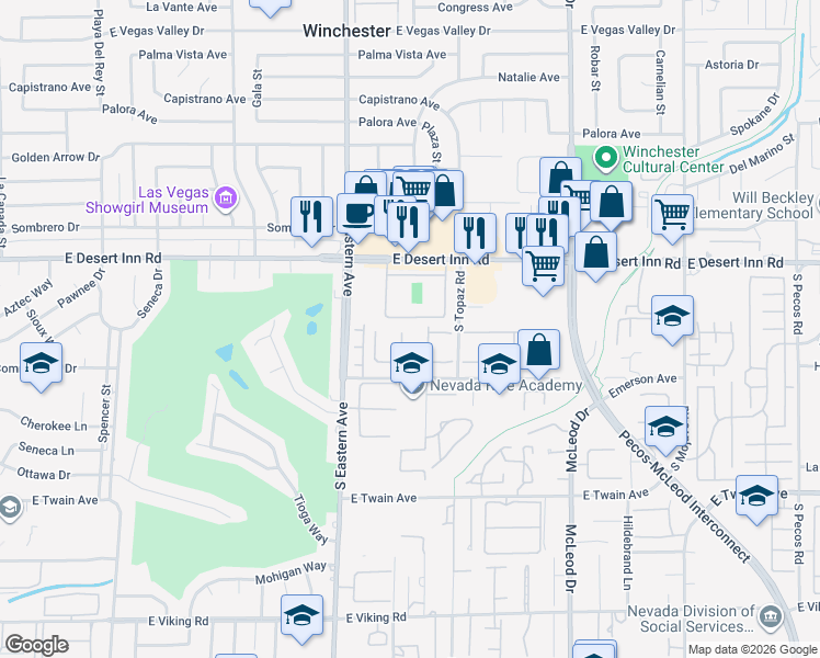 map of restaurants, bars, coffee shops, grocery stores, and more near 3422 Manzano Circle in Las Vegas