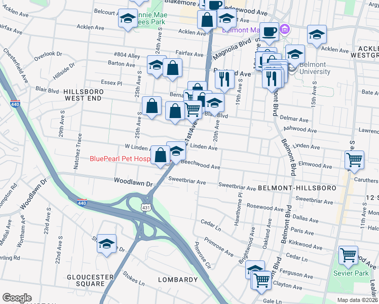 map of restaurants, bars, coffee shops, grocery stores, and more near 2016 Beechwood Avenue in Nashville
