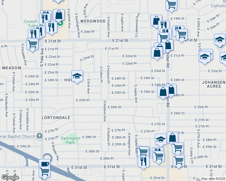 map of restaurants, bars, coffee shops, grocery stores, and more near 5703 East 25th Street in Tulsa