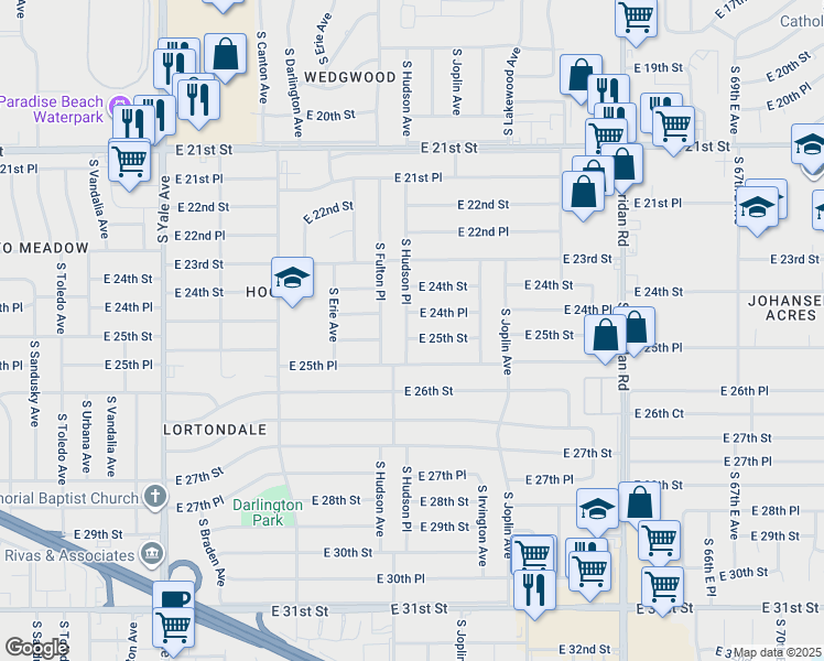 map of restaurants, bars, coffee shops, grocery stores, and more near 5703 East 25th Street in Tulsa