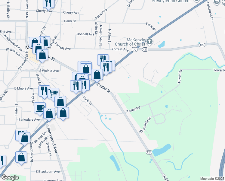 map of restaurants, bars, coffee shops, grocery stores, and more near 1710 Cedar Street in McKenzie