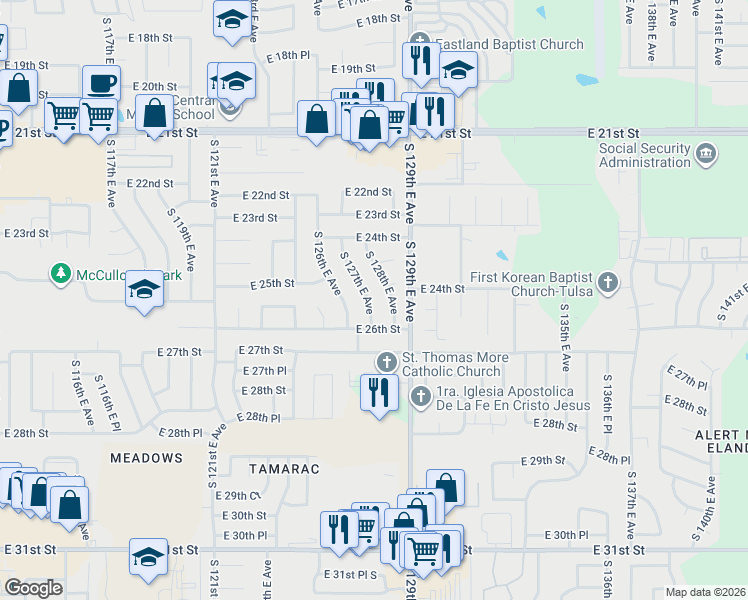map of restaurants, bars, coffee shops, grocery stores, and more near 2471 South 127th East Avenue in Tulsa