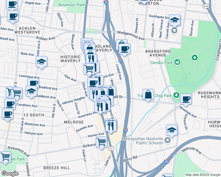 map of restaurants, bars, coffee shops, grocery stores, and more near 2331 White Avenue in Nashville