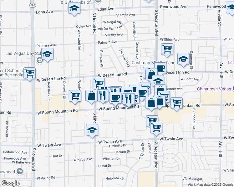 map of restaurants, bars, coffee shops, grocery stores, and more near 5281 West Pioneer Avenue in Las Vegas