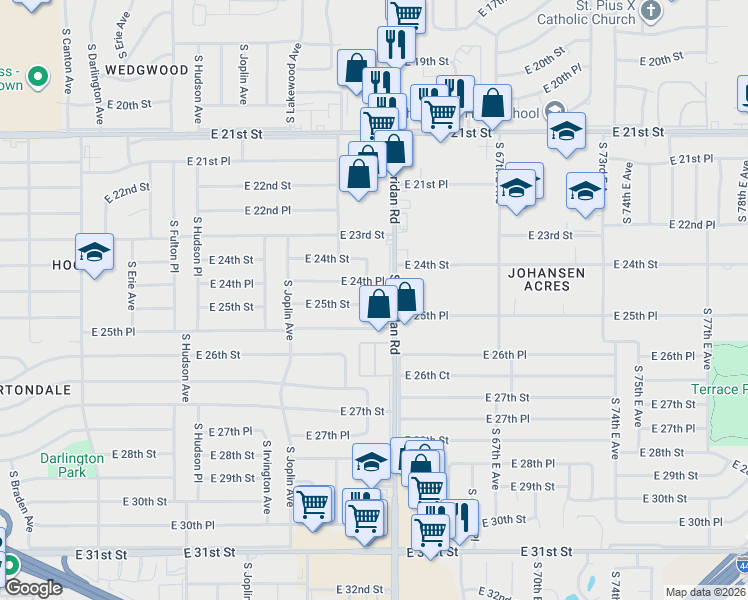 map of restaurants, bars, coffee shops, grocery stores, and more near 5982 East 25th Street in Tulsa