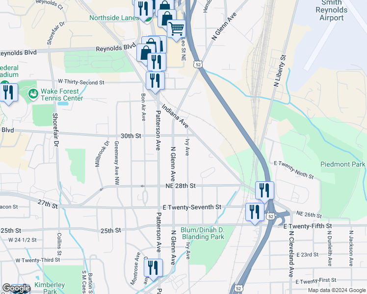 map of restaurants, bars, coffee shops, grocery stores, and more near 2918 Ivy Avenue in Winston-Salem
