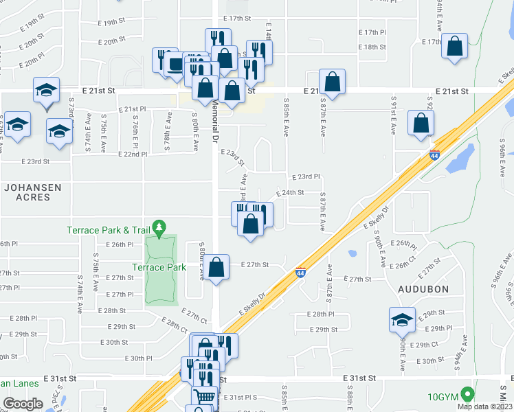 map of restaurants, bars, coffee shops, grocery stores, and more near 2425 South 83rd East Avenue in Tulsa