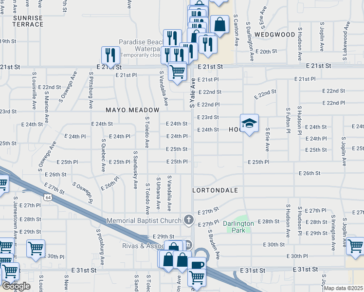 map of restaurants, bars, coffee shops, grocery stores, and more near 4813 East 25th Street in Tulsa