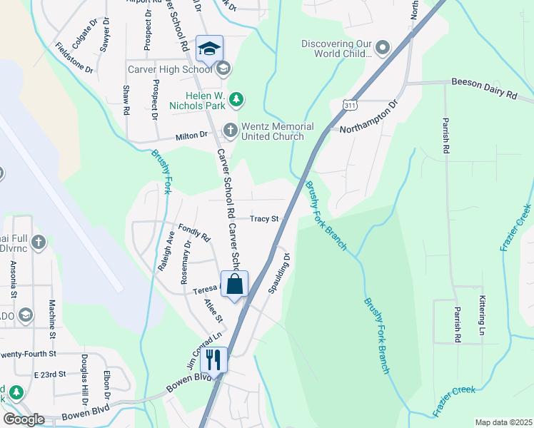 map of restaurants, bars, coffee shops, grocery stores, and more near 3251 Tracy Street in Winston-Salem